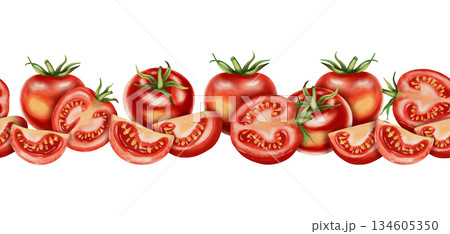 Seamless border. Hand-drawn watercolor illustration, border with red tomatoes. Vegetables. Perfect for packaging, kitchen textiles, cookbooks and recipes, and menus. 134605350