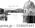 多摩湖の取水塔、線画 134605445