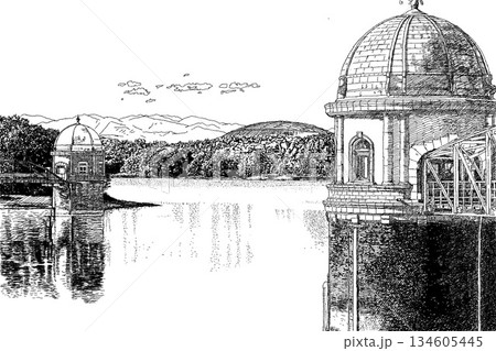 多摩湖の取水塔、線画 134605445