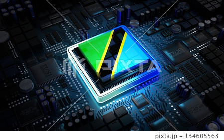 Computer processor with flag of Tanzania - 3D illustration 134605563