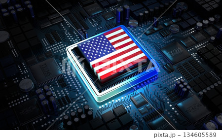 Computer processor with flag of USA - 3D illustration 134605589