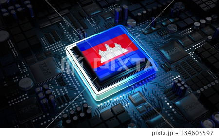 Computer processor with flag of Cambodia - 3D illustration 134605597