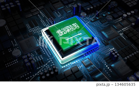 Computer processor with flag of Saudi Arabia - 3D illustration 134605635