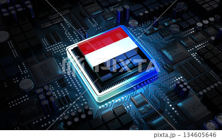 Computer processor with flag of Yemen - 3D illustration 134605646