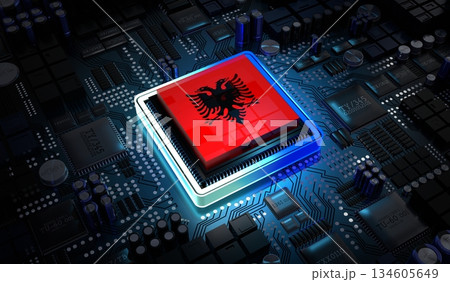 Computer processor with flag of Albania - 3D illustration 134605649