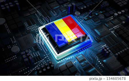 Computer processor with flag of Romania - 3D illustration 134605678