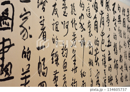 Traditional Chinese Calligraphy on Beige Paper 134605737