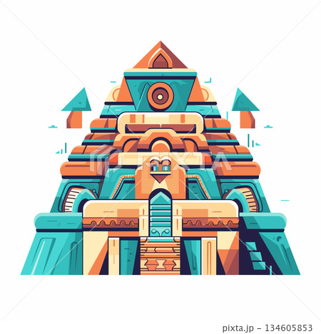 Colorful mayan temple pyramid with intricate design and geometric shapes 134605853