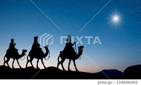 Three Wise Men on their way to meet Christ. Horizontal shot with space for text Three Wise Men on their way to meet Christ. Horizontal shot with space for text 134606048