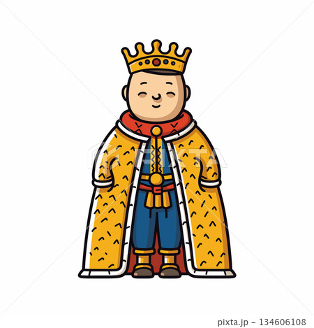 Cartoon illustration shows a young King wearing a golden crown, blue tunic, and long yellow patterned cloak. The King smiles with closed eyes. Isolated on white background. 134606108