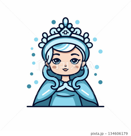 Cartoon winter queen with blue crown and cape stands against a white background 134606179