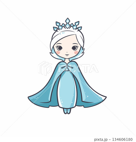 Little ice princess with crown and cape stands on a white background 134606180