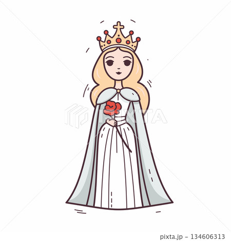 Cartoon queen wearing a crown and cape, holding a red rose in her hand Cartoon queen wearing a crown and cape, holding a red rose in her hand 134606313