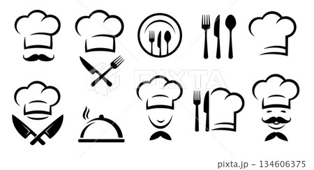 Cooking set with utensils, cook chef hat, fork, knife and spoon icons Cooking set with utensils, cook chef hat, fork, knife and spoon icons 134606375