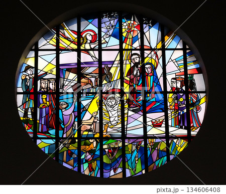 Nativity Scene, stained glass window in the Saint Lawrence church in Kleinostheim, Germany Nativity Scene, stained glass window in the Saint Lawrence church in Kleinostheim, Germany 134606408