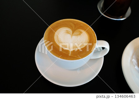 hot coffee on black background korea cafe latte 134606463