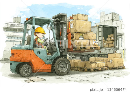 フォークリフトで荷物を積み込む物流作業員 134606474