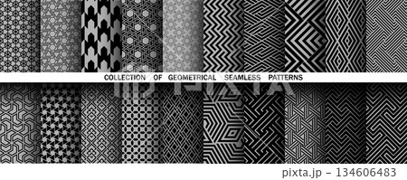 Geometric set of seamless black and gray patterns. Simple vector graphics Geometric set of seamless black and gray patterns. Simple vector graphics 134606483