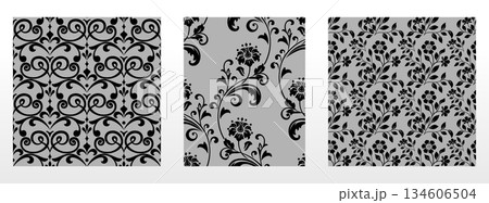 Geometric floral set of seamless patterns. Gray and black vector backgrounds. Damask graphic ornaments Geometric floral set of seamless patterns. Gray and black vector backgrounds. Damask graphic ornaments 134606504
