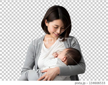 授乳する日本人の母親と赤ちゃん　安心感のある育児イメージ素材（背景透過） 134606533