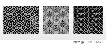 Geometric floral set of seamless patterns. Gray and black vector backgrounds. Damask graphic ornaments 134606573