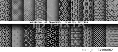 Geometric set of seamless black and gray patterns. Simple vector graphics 134606621