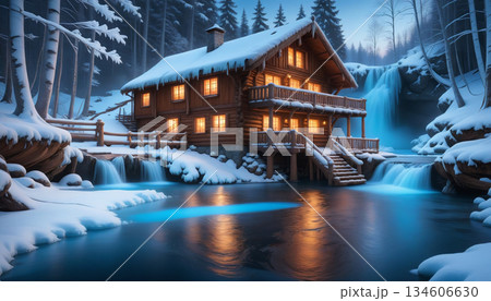 湯煙立つ冬のホットスプリングロッジ 134606630