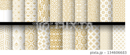 Geometric floral set of seamless patterns. White and golden vector backgrounds. Damask graphic ornaments 134606683