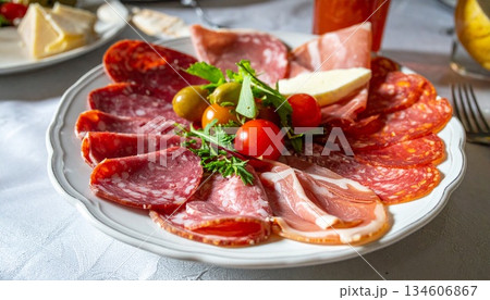 cold meat plate with salami sausage 134606867