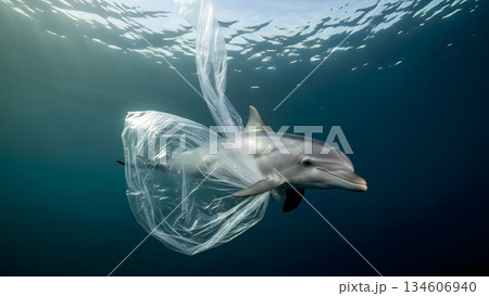 Dolphin entangled in plastic bag underwater, highlighting marine pollution crisis 134606940