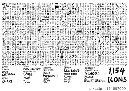 Large collection of hand drawn doodle vector icons. Includes multiple themes such as school, sport, food, finance, wedding, Christmas, hotel, Medical, and more eps10 Large collection of hand drawn doodle vector icons. Includes multiple themes such as school, sport, food, finance, wedding, Christmas, hotel, Medical, and more eps10 134607009