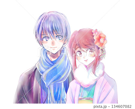 寄り添う着物を着た男女　襟巻　バストアップ 134607082