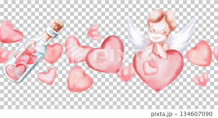 Seamless border with pink hearts, an angel, and a bottle. Isolated watercolor illustration for Valentine's Day party designs, interior decor, and fabric printing. 134607090