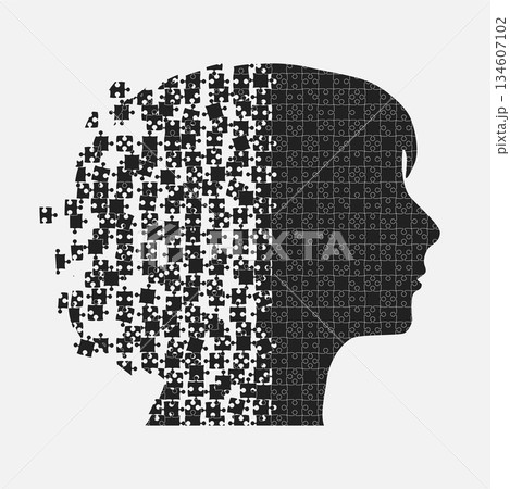 Female head from puzzle pieces, mental disorder Female head from puzzle pieces, mental disorder 134607102