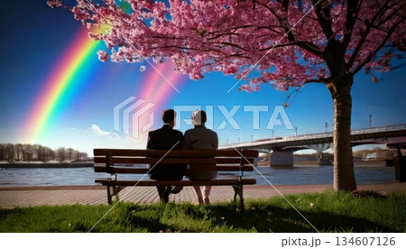 couple in love on a bench in blooming sakura 134607126