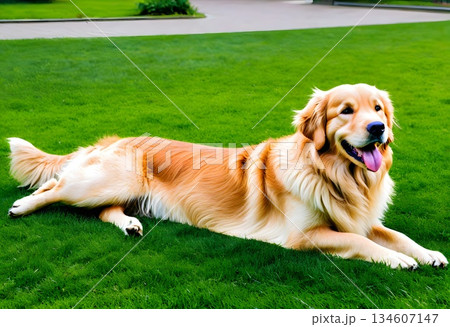 晴れた日に芝生でくつろぐ笑顔のゴールデンレトリバー 134607147