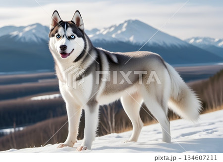 雄大な雪山を背景に威厳をもって立つシベリアンハスキー 雄大な雪山を背景に威厳をもって立つシベリアンハスキー 134607211