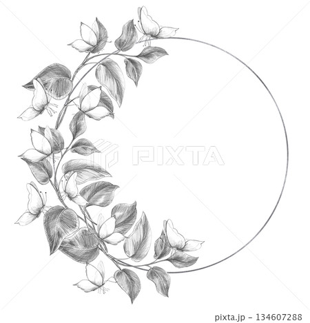 A circular wreath with curved tropical plants and butterflies. Isolated pencil illustration for event invitations, eco-hotel print design, poster printing, and menu design. A circular wreath with curved tropical plants and butterflies. Isolated pencil illustration for event invitations, eco-hotel print design, poster printing, and menu design. 134607288