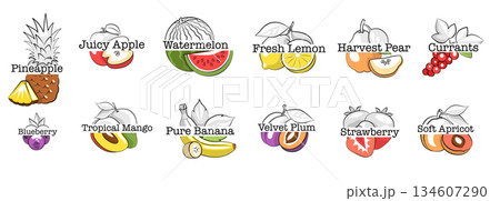 Vintage Fruit Logo Vector Set with Hand Drawn Illustrations and Creative Text Compositions for Branding, Farm-Themed Templates Vintage Fruit Logo Vector Set with Hand Drawn Illustrations and Creative Text Compositions for Branding, Farm-Themed Templates 134607290
