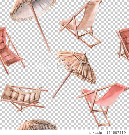 Seamless pattern with beach umbrellas and sun loungers. Hand-drawn watercolor illustration for hotel interior design, fabric printing, packaging, and travel brochures. Seamless pattern with beach umbrellas and sun loungers. Hand-drawn watercolor illustration for hotel interior design, fabric printing, packaging, and travel brochures. 134607319