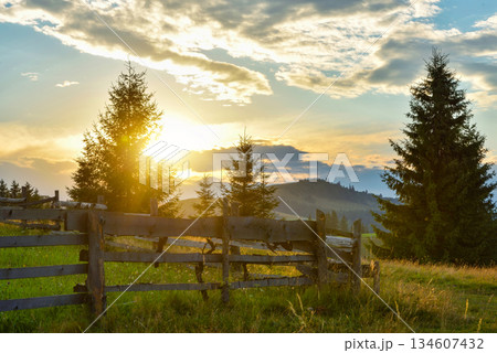 Fantastic sunset in the mountains. Carpathian, Ukraine, Europe. 134607432