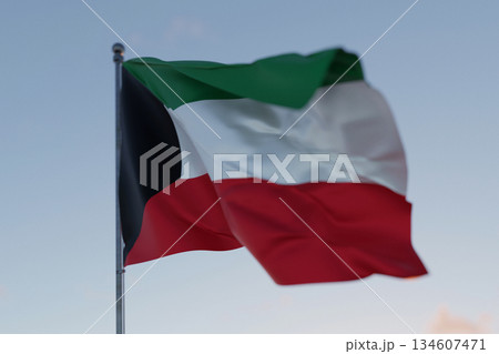 Kuwait flag waving in the wind against a clear blue sky, symbolizing freedom, heritage, and pride. Patriotic concept. Travel, creative idea. Politics and Ethnicity Kuwait flag waving in the wind against a clear blue sky, symbolizing freedom, heritage, and pride. Patriotic concept. Travel, creative idea. Politics and Ethnicity 134607471
