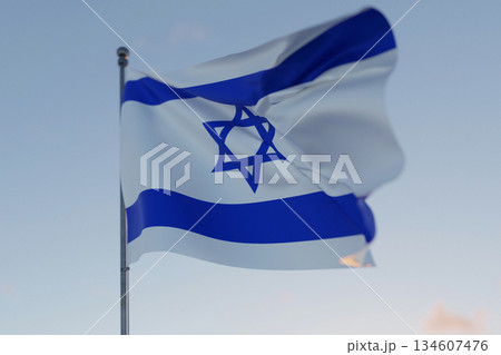Israel national flag waving in the wind against a clear blue sky, symbolizing freedom, heritage, and pride. Patriotic concept. Travel, creative idea. Politics and Ethnicity 134607476