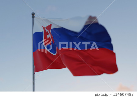 Slovakia national flag waving in the wind against a clear blue sky, symbolizing freedom, heritage, and pride. Patriotic concept. Travel, creative idea. Politics and Ethnicity 134607488