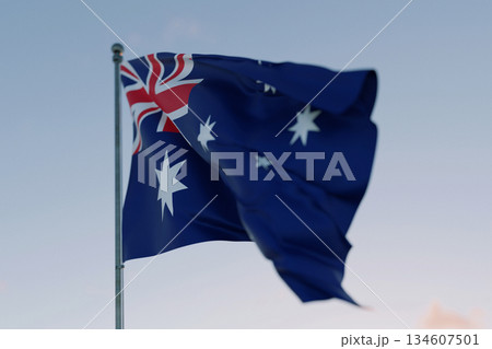 National flag of Australia waving in the wind against a clear sky, symbolizing patriotism, independence, national pride, and unity. Freedom, creative. Travel, concept National flag of Australia waving in the wind against a clear sky, symbolizing patriotism, independence, national pride, and unity. Freedom, creative. Travel, concept 134607501
