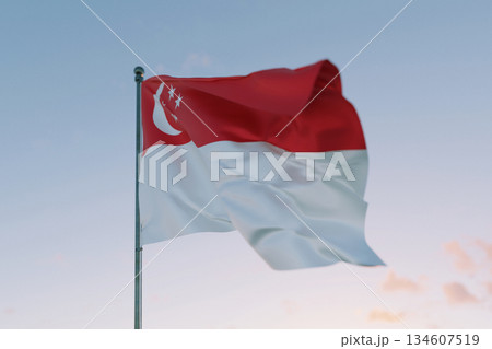 National flag of Singapore waving in the wind against a clear sky, symbolizing patriotism, independence, national pride, and unity. 134607519