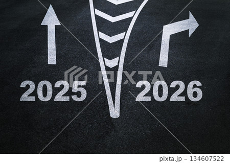 Road with markings for the 2026 and 2025, creative idea. New path, goals, and achievements, concept. The beginning of the new 2026. New year text 2026 written on asphalt road Road with markings for the 2026 and 2025, creative idea. New path, goals, and achievements, concept. The beginning of the new 2026. New year text 2026 written on asphalt road 134607522