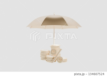 Gold coins with interest under a golden umbrella on a white background, concept. Bank deposits and interest-bearing investments, creative idea. Insurance, financial technology, and economics. Money. 134607524