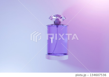 Elegant glass perfume bottle with purple liquid and crystal cap on soft pink and violet background. Luxury fragrance concept, beauty, fashion, and cosmetic product design. 134607536