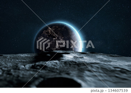 New space lunar mission. Landscape of the moon with stones and craters on the moon surface. Blue planet earth view from the moon. Moon, concept. Amazing Moon and Earth from space, creative idea 134607539